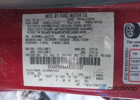 2010 Ford Fusion Se z USA, uszkodzony, nr VIN 3FAHP0HA6AR321527